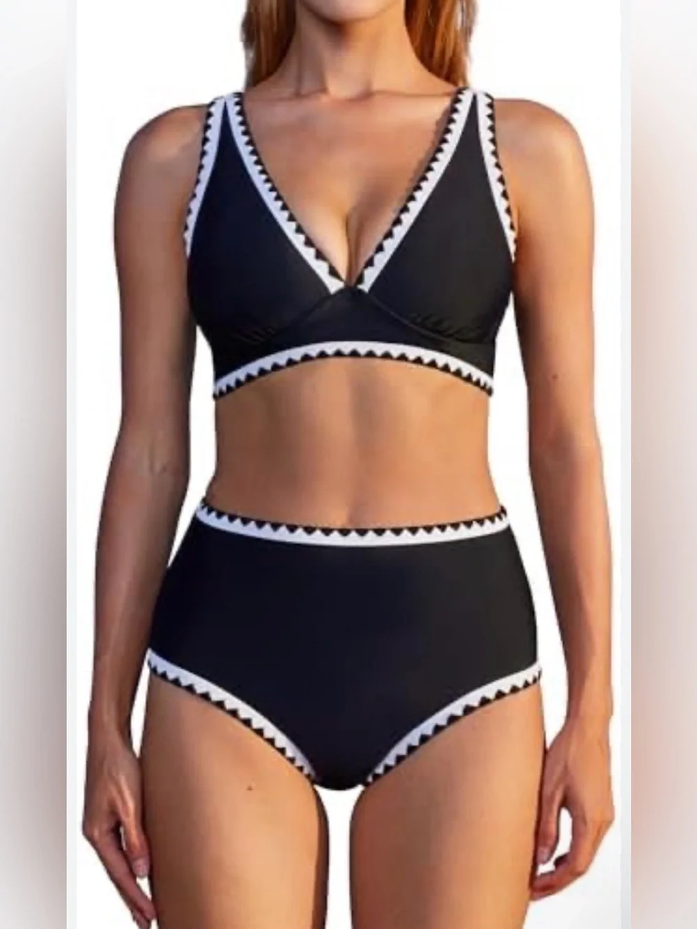 High-Waist Black & White Trim Women’s Swim Set
